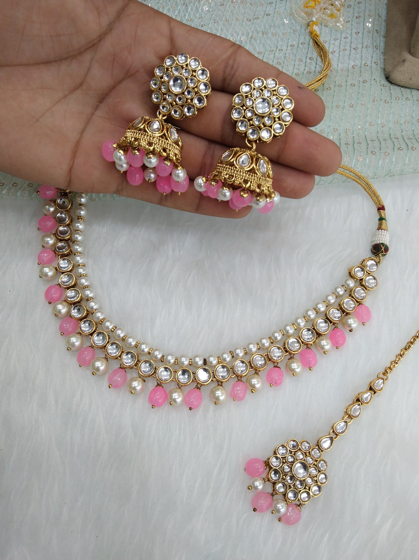 Indian Jewellery Gold pink Kundan Necklace Set/ kundan necklace wilson Set