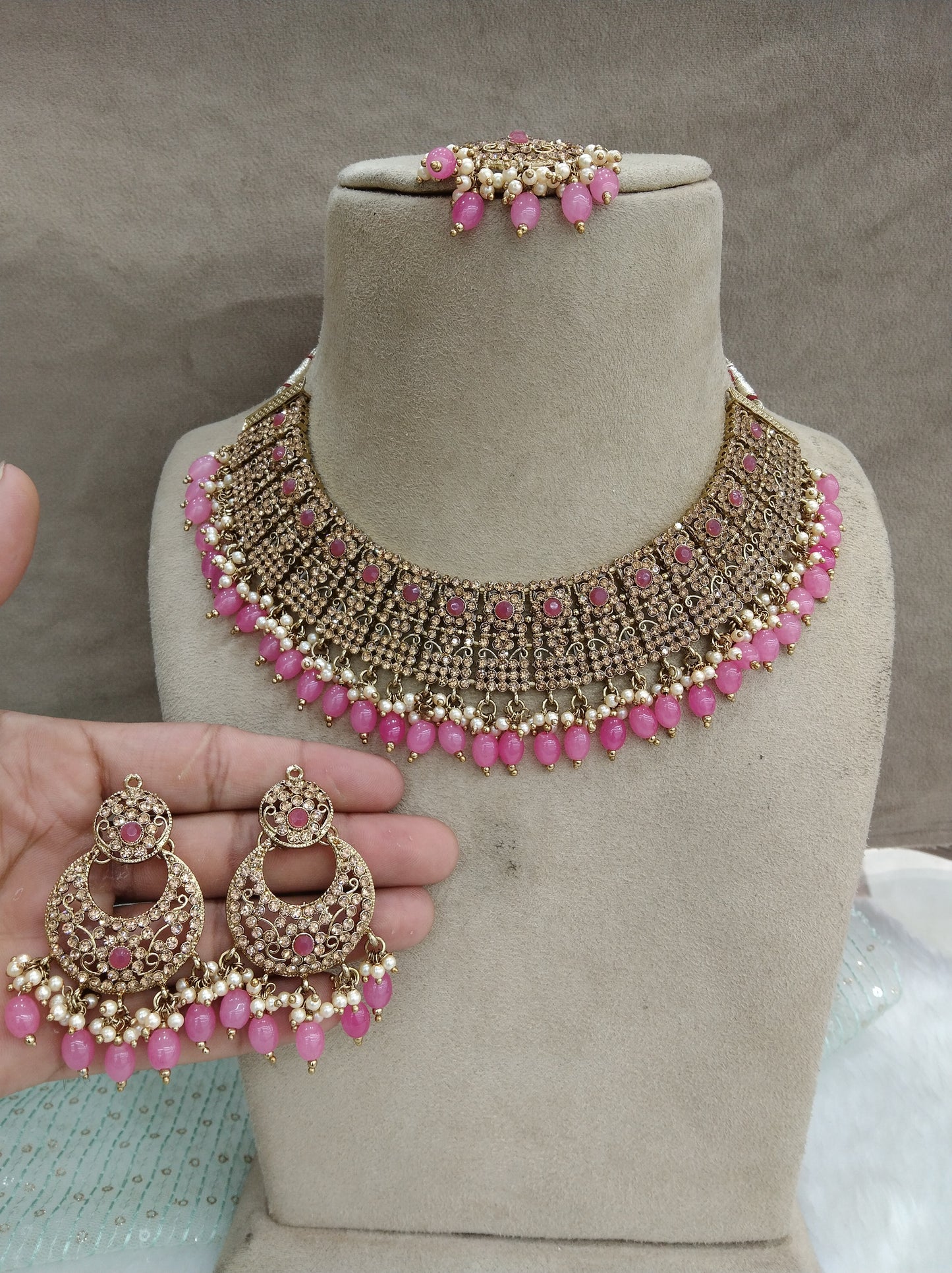 Gajri Pink Indian Jewelry Jewellery/Dark gold Gajjri Necklace Set/Bollywood Gold Indian Jewellery Love Set