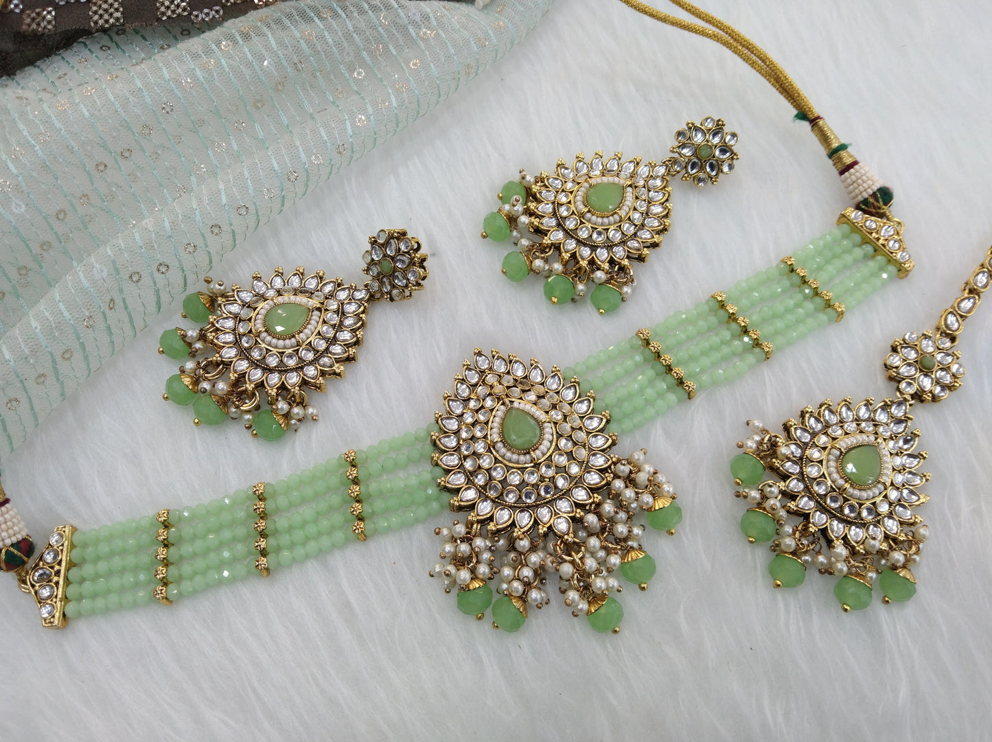 Bridal kundan Choker Set /Pastel green choker set Indian Bollywood Necklace Jewellery team Set