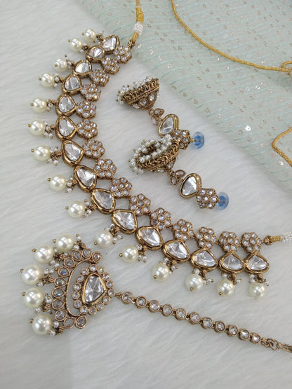 Ivory Gold Kundan necklace Set/ Gold white kundan Indian jewellery kundan meena sets