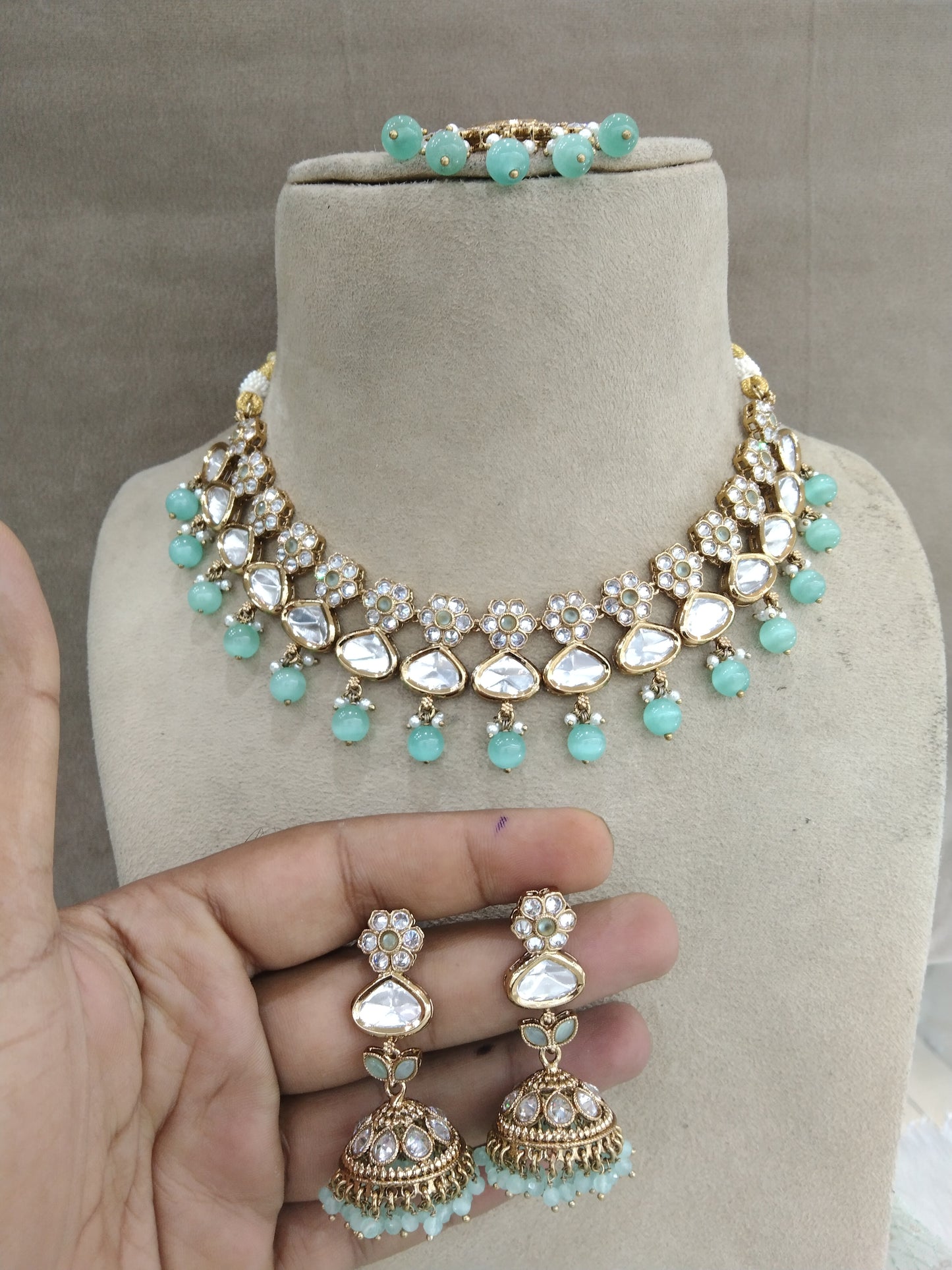 Gold Kundan necklace Jewellery Set/ Gold sea green kundan Indian jewellery kundan meena sets