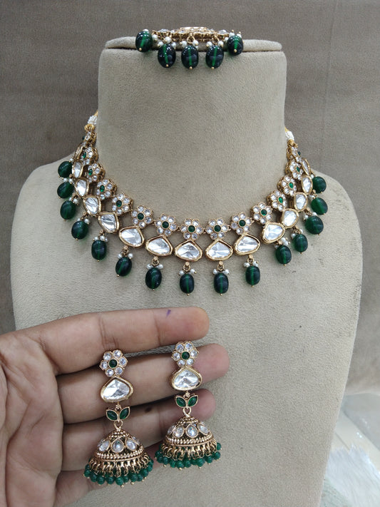 Kundan Necklace Jewellery Set/ Gold Green kundan Indian jewellery kundan meena sets