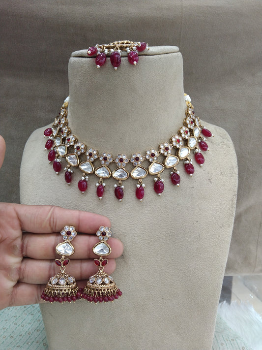 Kundan Necklace Jewellery Set/ Gold Maroon kundan Indian jewellery kundan meena sets