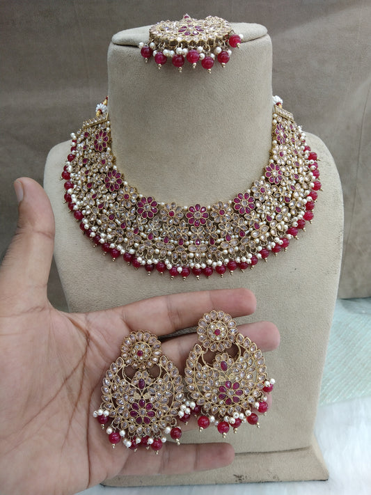 Indian  Jewellery/Dark gold Ruby  necklace county Set