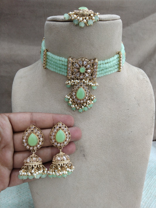 Indian  Jewellery/Dark gold pastel green choker choose set