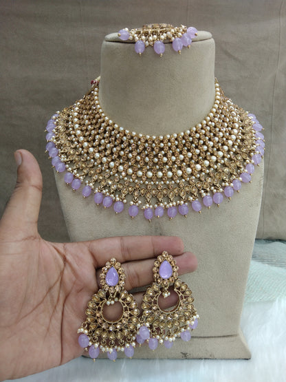 Necklace Set Indian Jewelry Jewellery Bridal dark gold lavender necklace Earrings Tikka Tika Set