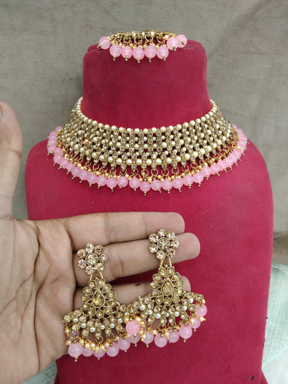 Indian  Jewellery/Bridal dark gold pink bride Jewellery Necklace noun Set