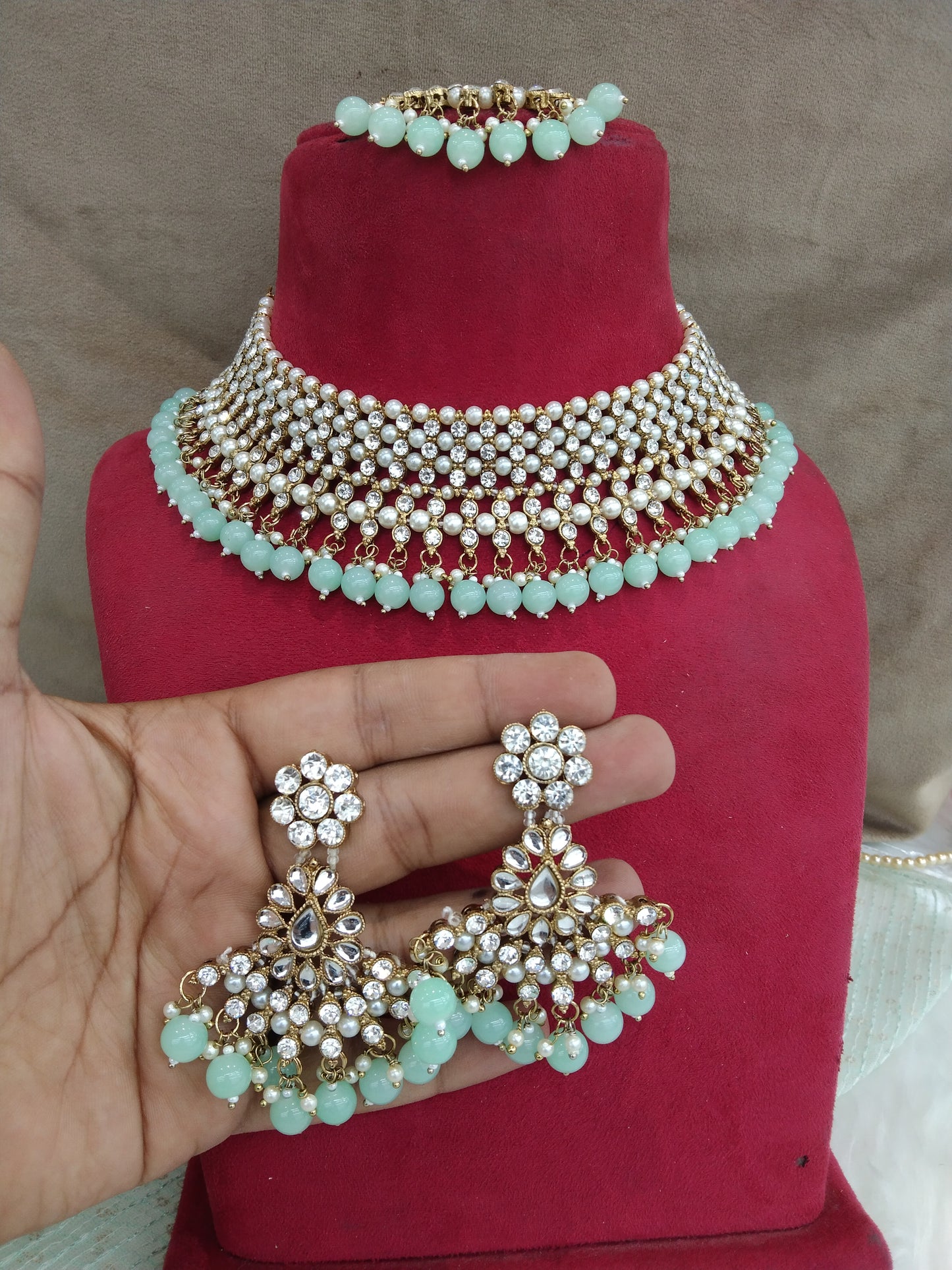 Indian  Jewellery/Bridal gold pastel green bride Jewellery Necklace noun Set