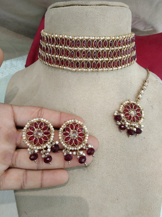 Indian  Jewellery/Dark gold maroon choker Set/Indian Jewellery norfolk Set