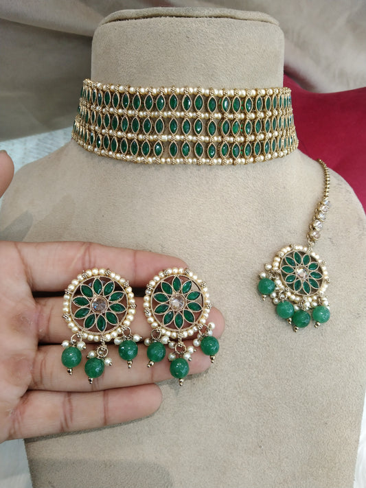 Green Indian Jewelry Jewellery/Dark gold green choker Set/Indian Jewellery norfolk Set