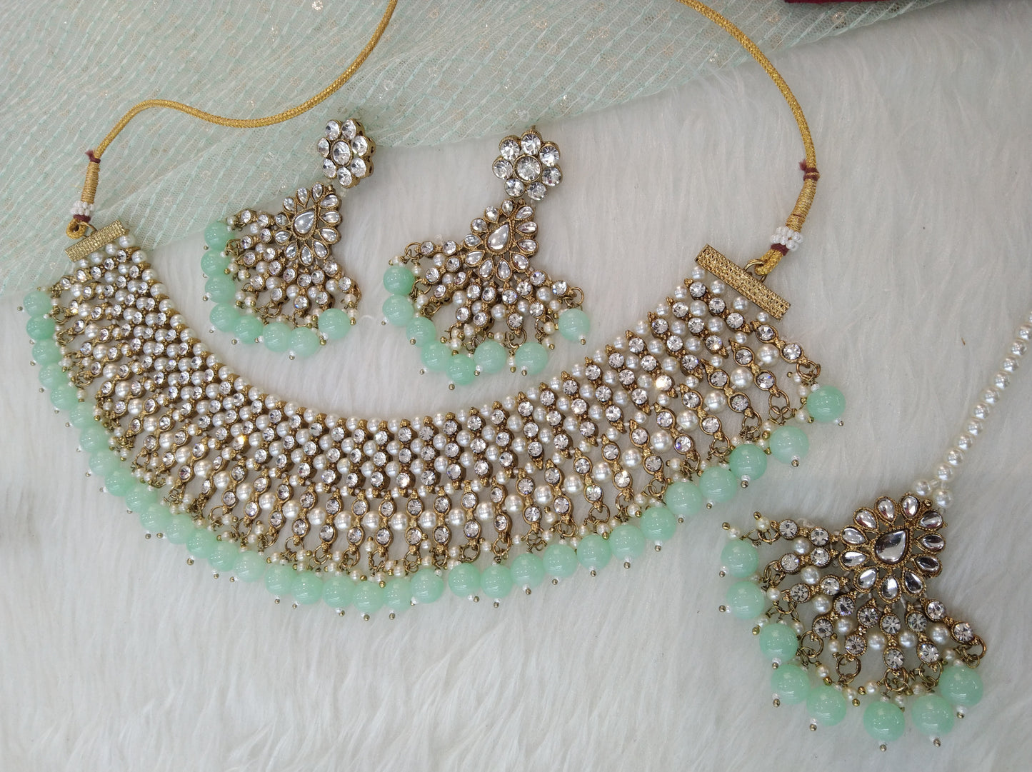 Indian  Jewellery/Bridal gold pastel green bride Jewellery Necklace noun Set