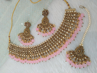 Indian  Jewellery/Bridal dark gold pink bride Jewellery Necklace noun Set