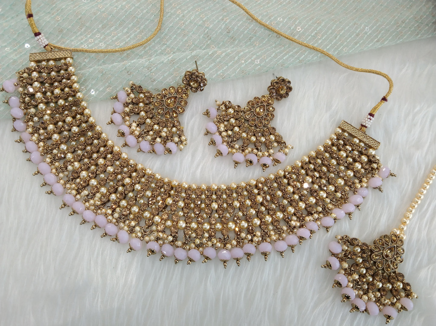 Indian  Jewellery/Bridal dark gold pastel green Bride Jewellery Necklace noun Set