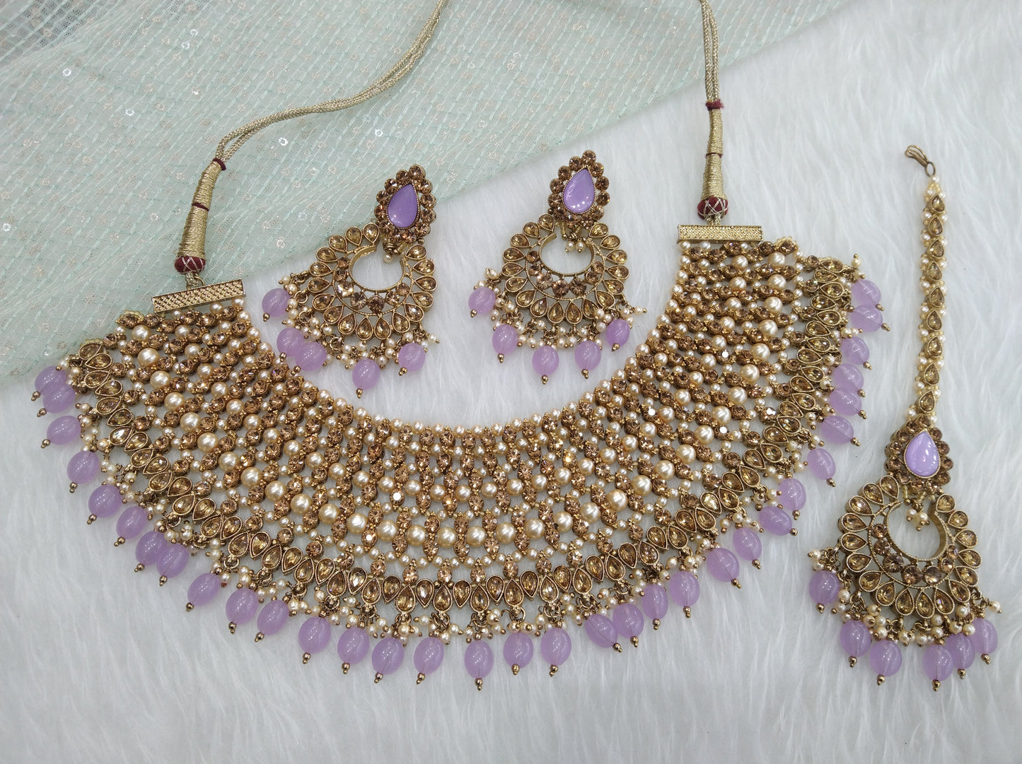 Necklace Set Indian Jewelry Jewellery Bridal dark gold lavender necklace Earrings Tikka Tika Set