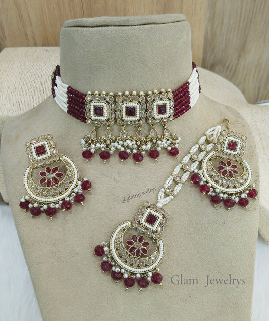 Choker Jewellery Set Dark gold choker Set/ dark gold maroon Indian  Bridesmaid moscow Jewellery