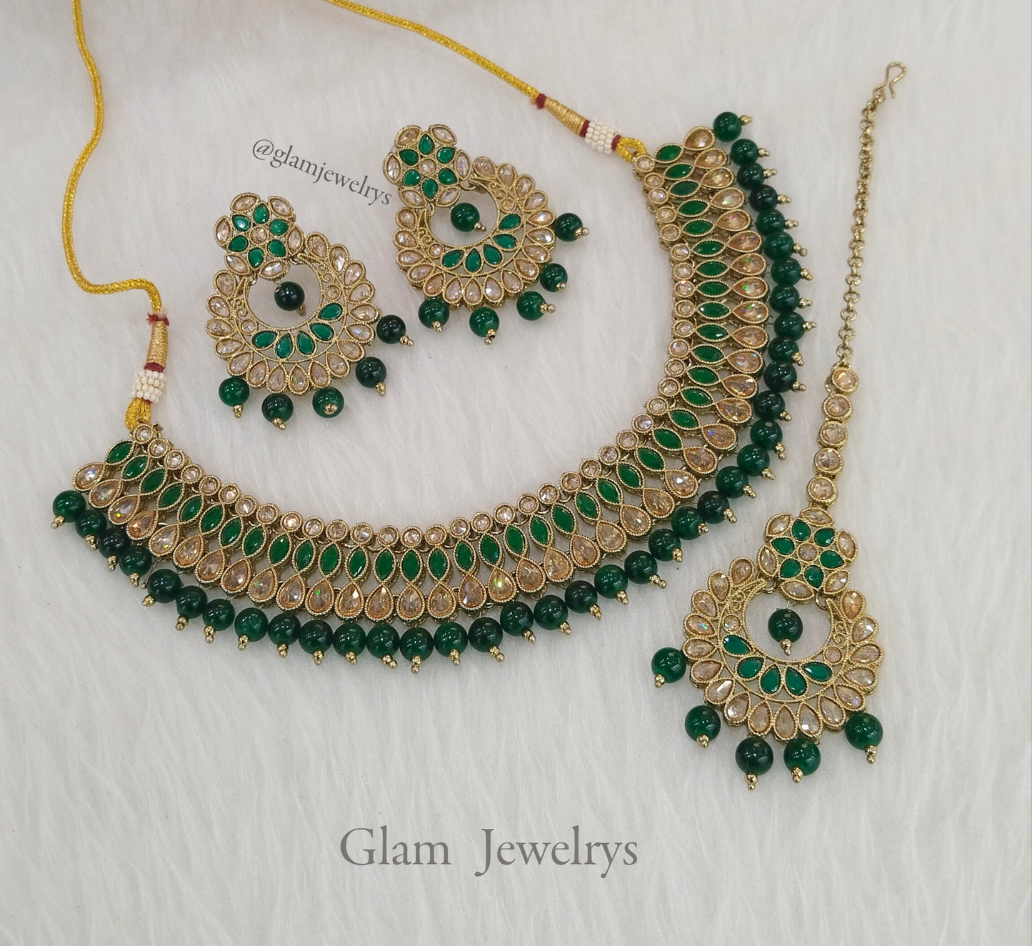 Indian  Jewellery Antique gold  Necklace Tikka Set/Gold green nelson Bollywood Necklace Set