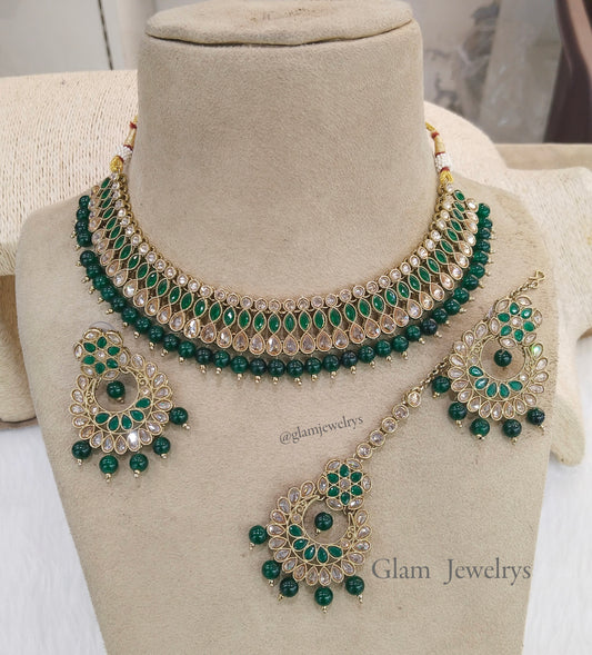 Indian  Jewellery Antique gold  Necklace Tikka Set/Gold green nelson Bollywood Necklace Set