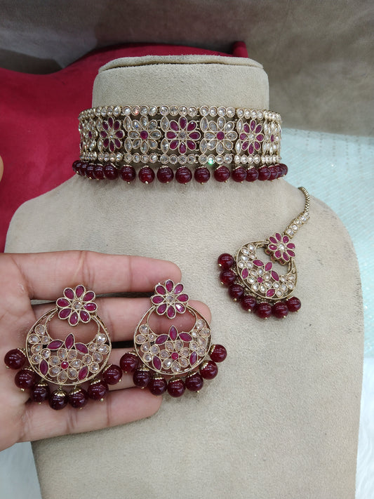 Choker Set/ dark gold maroon choker Indian  Bridesmaid rostov Jewellery