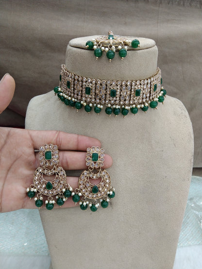 Antique Gold Green Choker Set/ dark gold Indian  Bridesmaid sandiego Jewellery