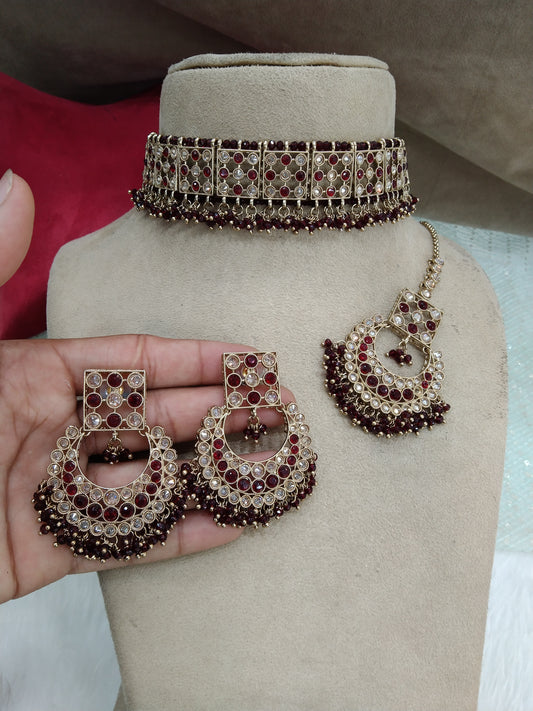 Dark Gold Maroon Choker Set/ dark gold Indian Bridesmaid s Jewellery