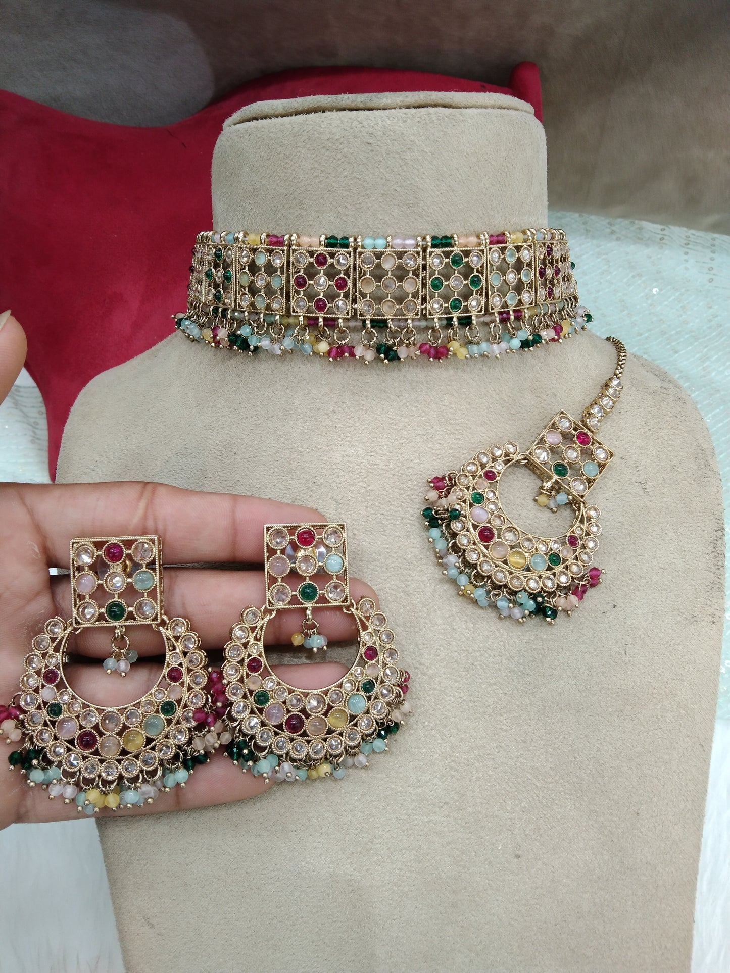 Antique Gold  Multicolor Choker Jewellery Set/ dark gold Indian Bridesmaid sam Jewellery Online