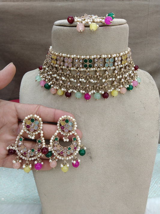 Indian Jewellery Antique gold multicolor choker Tikka Set/shine choker Set