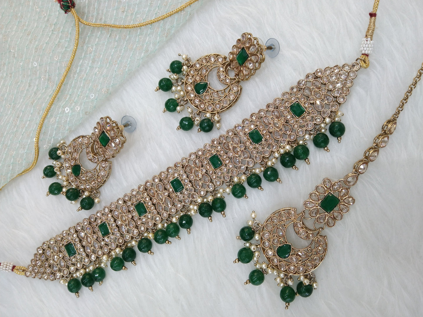 Antique Gold Green Choker Set/ dark gold Indian  Bridesmaid sandiego Jewellery