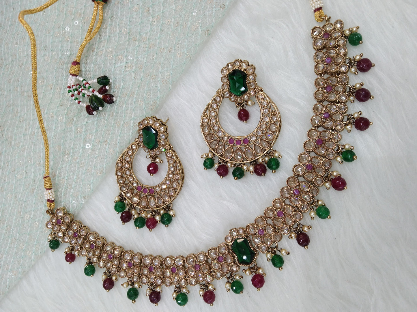 Antique Gold Green Necklace Jewellery Set/ dark gold Indian  Bridesmaid regina Jewellery Online