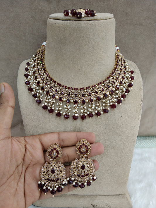 Indian  Jewellery/dark gold maroon necklace Set/Indian vani Jewellery Set