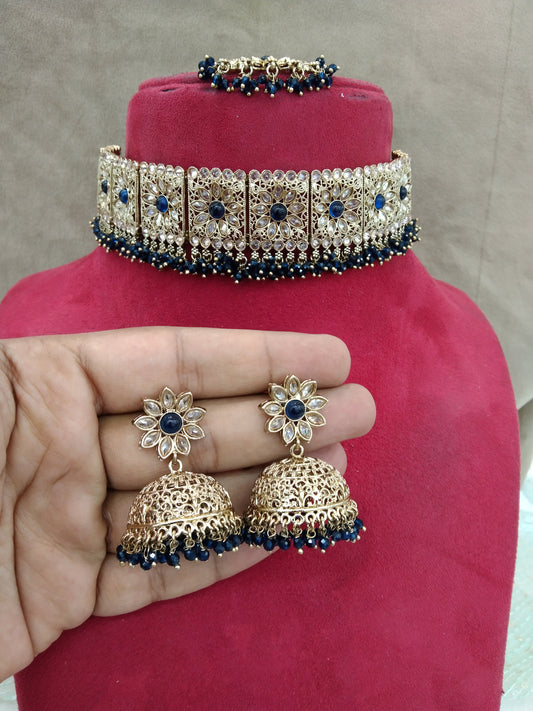 Antique Gold choker Set/ dark gold Navy blue choker Indian seema Jewellery