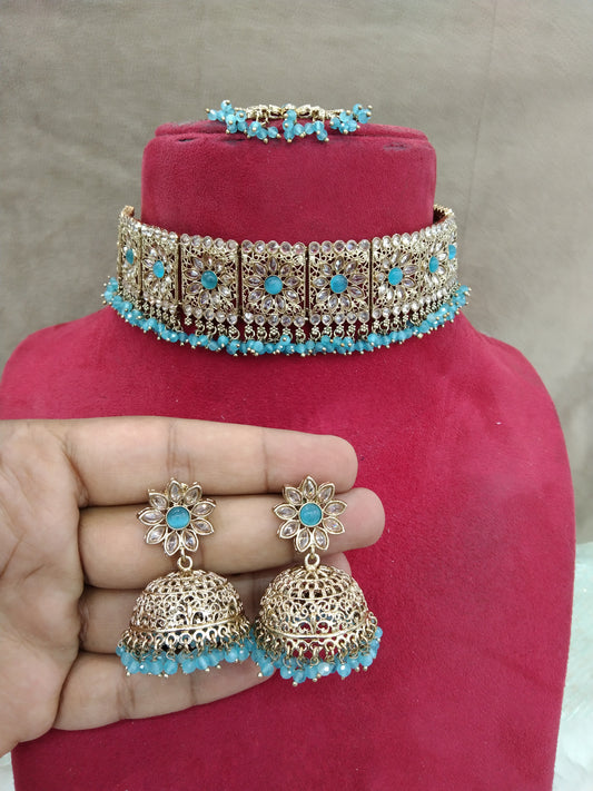 Antique Gold  Choker Jewellery  Set/ dark gold sky blue choker Indian seema Jewellery Online