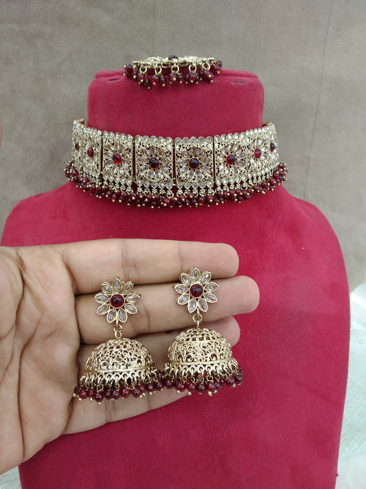 Dark Gold Choker Set/ dark gold Maroon choker Indian seema Jewellery