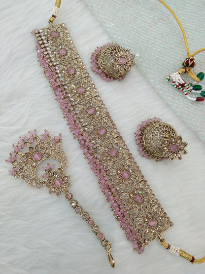 Antique Gold choker Set/ dark gold pink choker Indian seema Jewellery