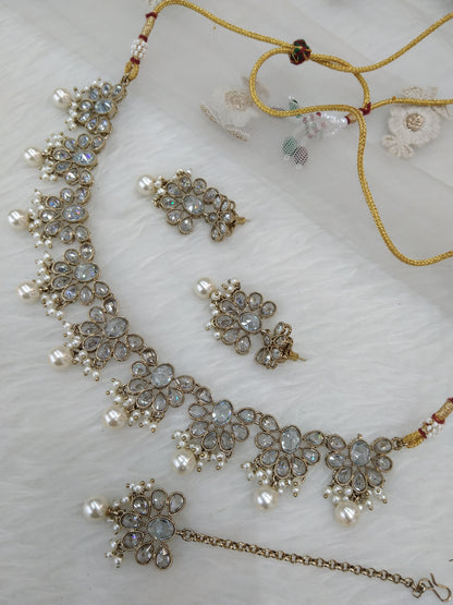 Antique Gold  Clear Crystals Necklace Set/ dark gold Indian north Jewellery