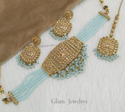 Antique Gold Sky Blue Choker Set/ Indian wine Jewellery