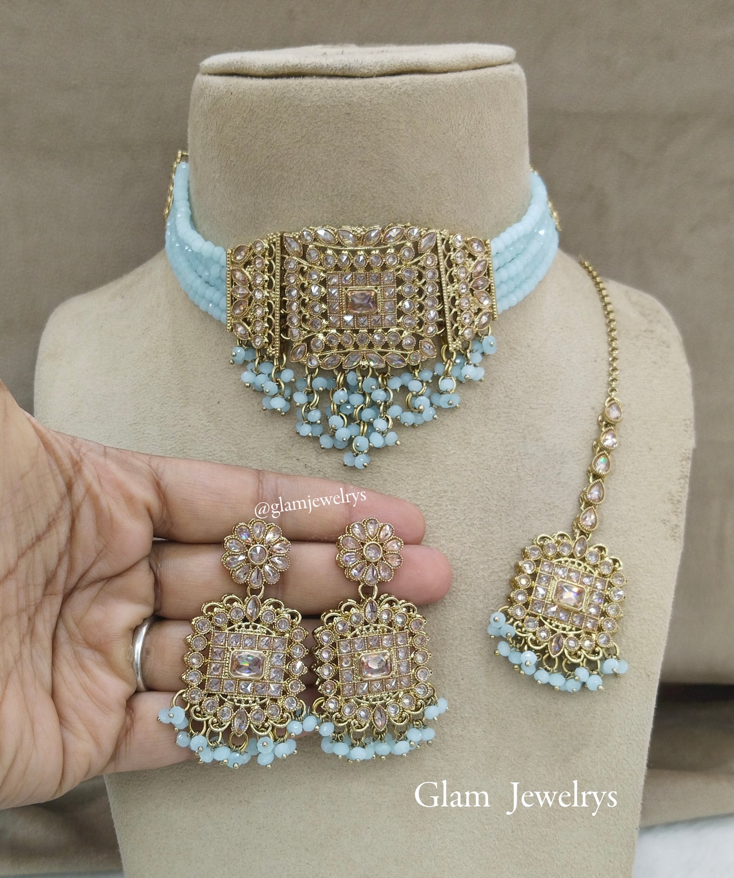 Antique Gold Sky Blue Choker Set/ Indian wine Jewellery