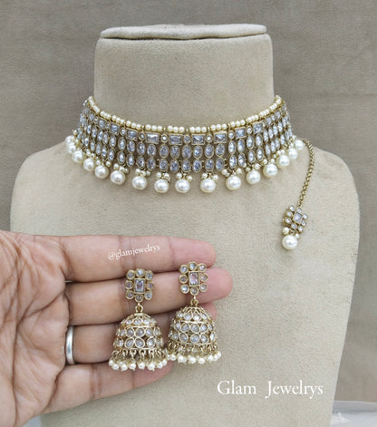 Indian Jewellery Dark Gold Clear Crystal Choker Set /bay jewellery set