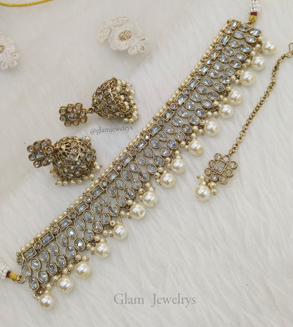 Indian Jewellery Dark Gold Clear Crystal Choker Set /bay jewellery set