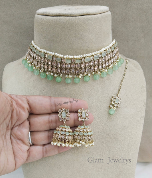 Indian Jewellery Mint Green Choker Set /Bay Bollywood Jewelry Set