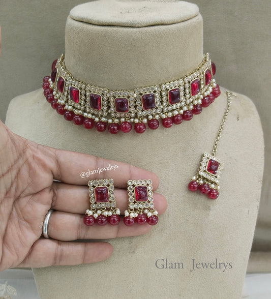 Dark Gold Maroon Choker Set/ Indian soha Jewellery