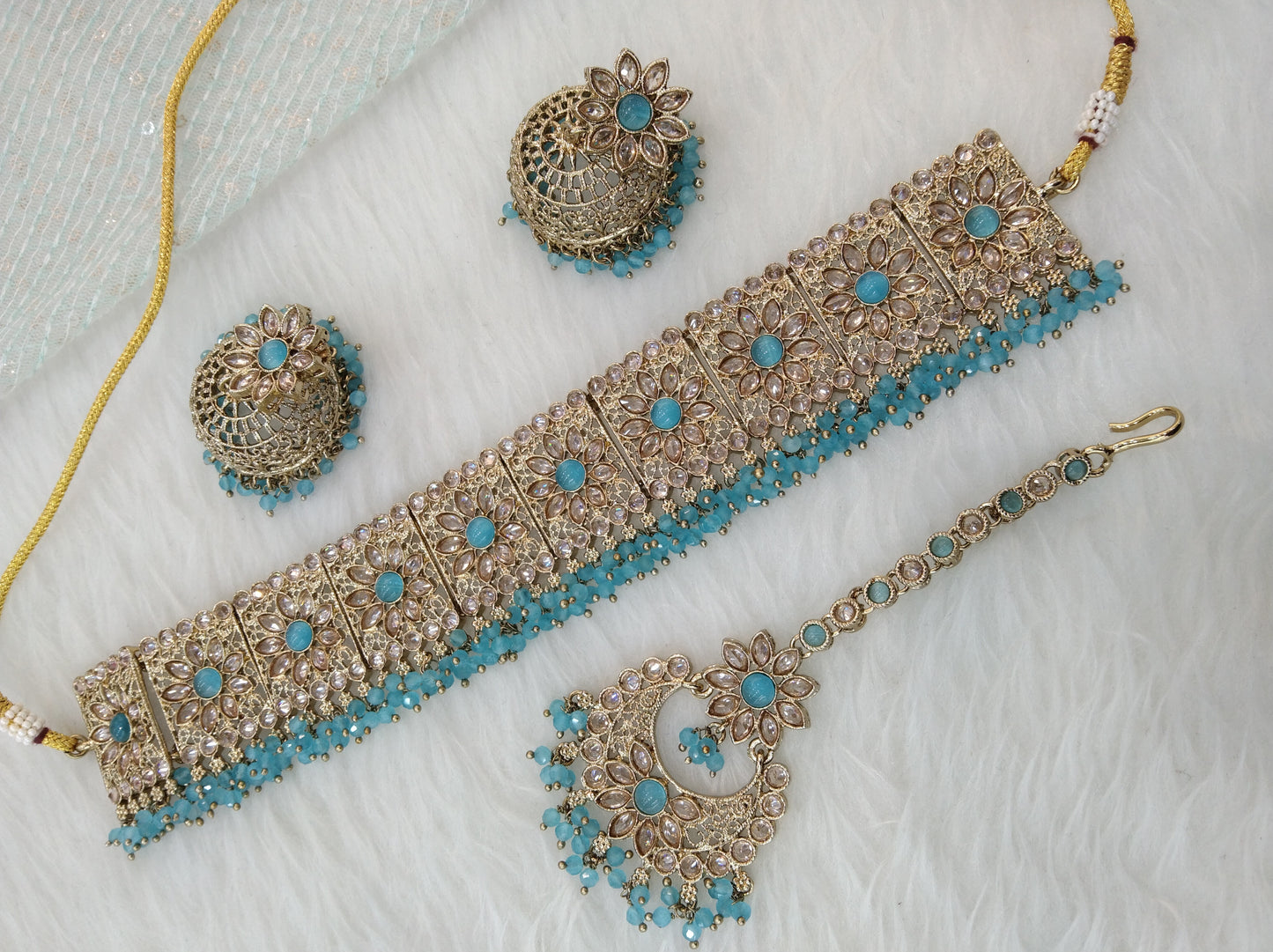 Antique Gold  Choker Jewellery  Set/ dark gold sky blue choker Indian seema Jewellery Online