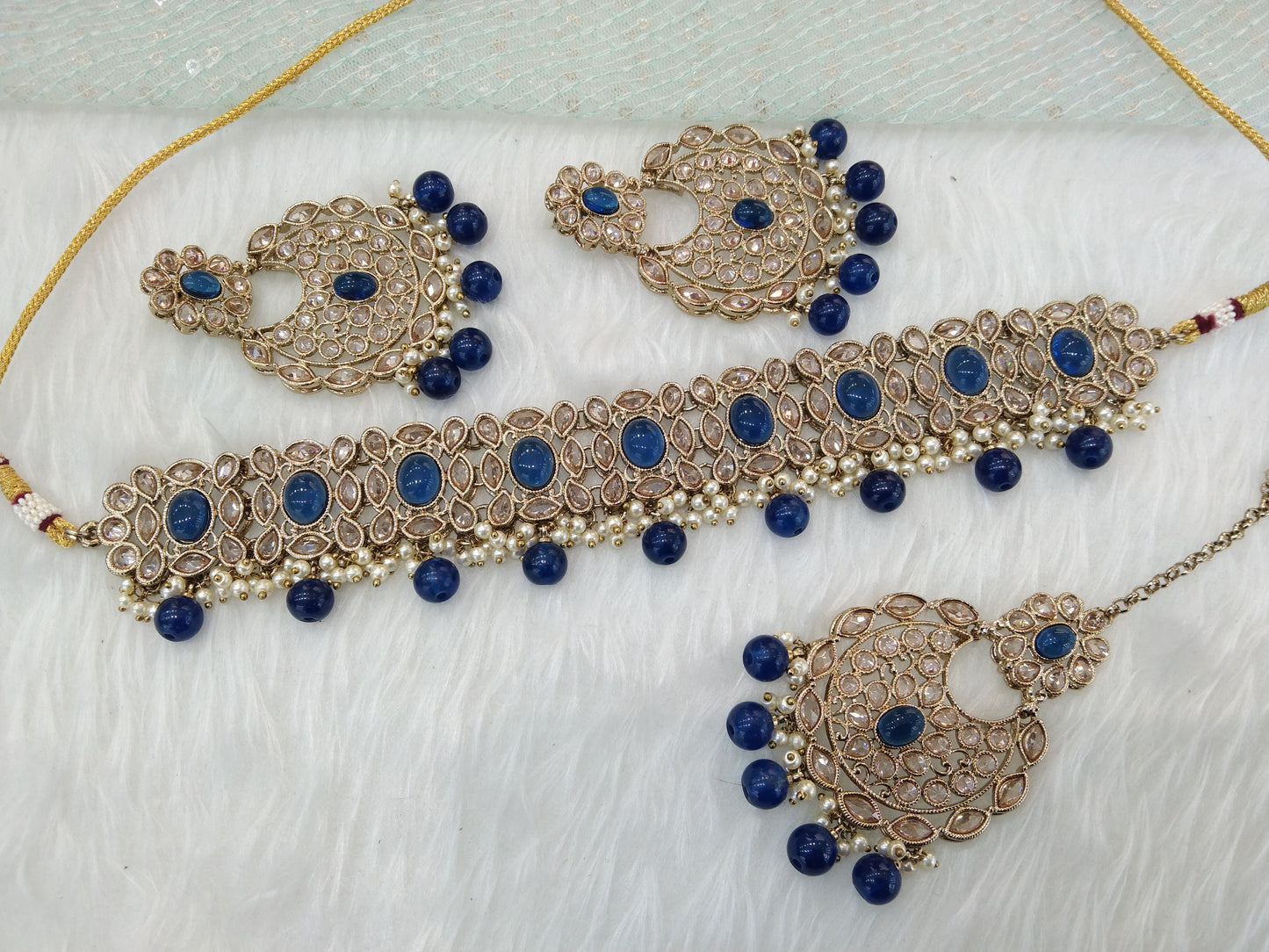 Indian jewellery choker set/Dark gold blue choker set/Wellington jewellery