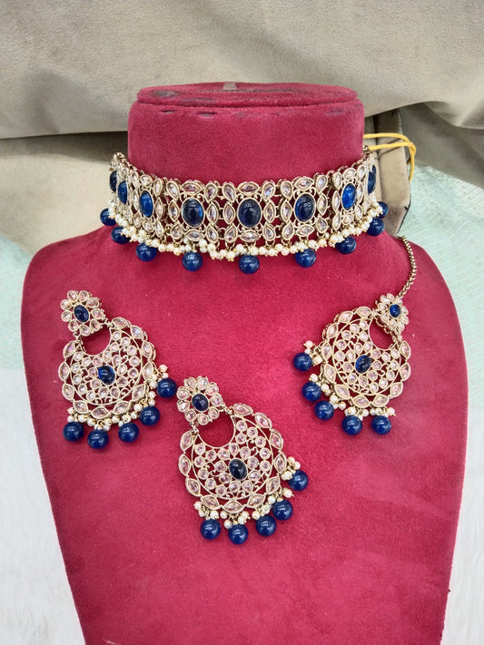 Indian jewellery choker set/Dark gold blue choker set/Wellington jewellery