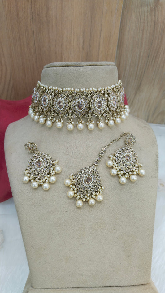 Indian jewellery choker set/Dark gold clear crystals choker set/Hira jewellery