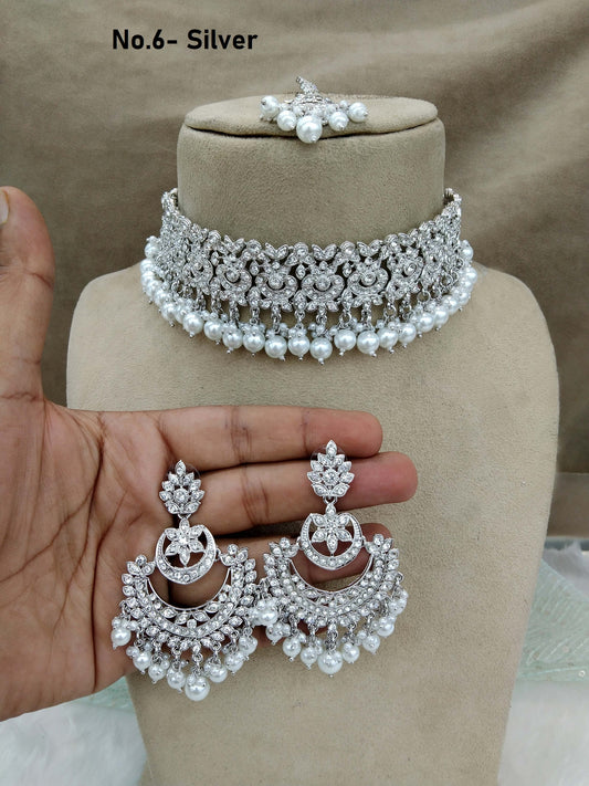 Silver Jewellery Choker Set /Silver finish Jewellery sheen set