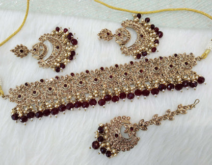 Jewelry Choker Set /dark gold maroon finish Jewellery sheen set