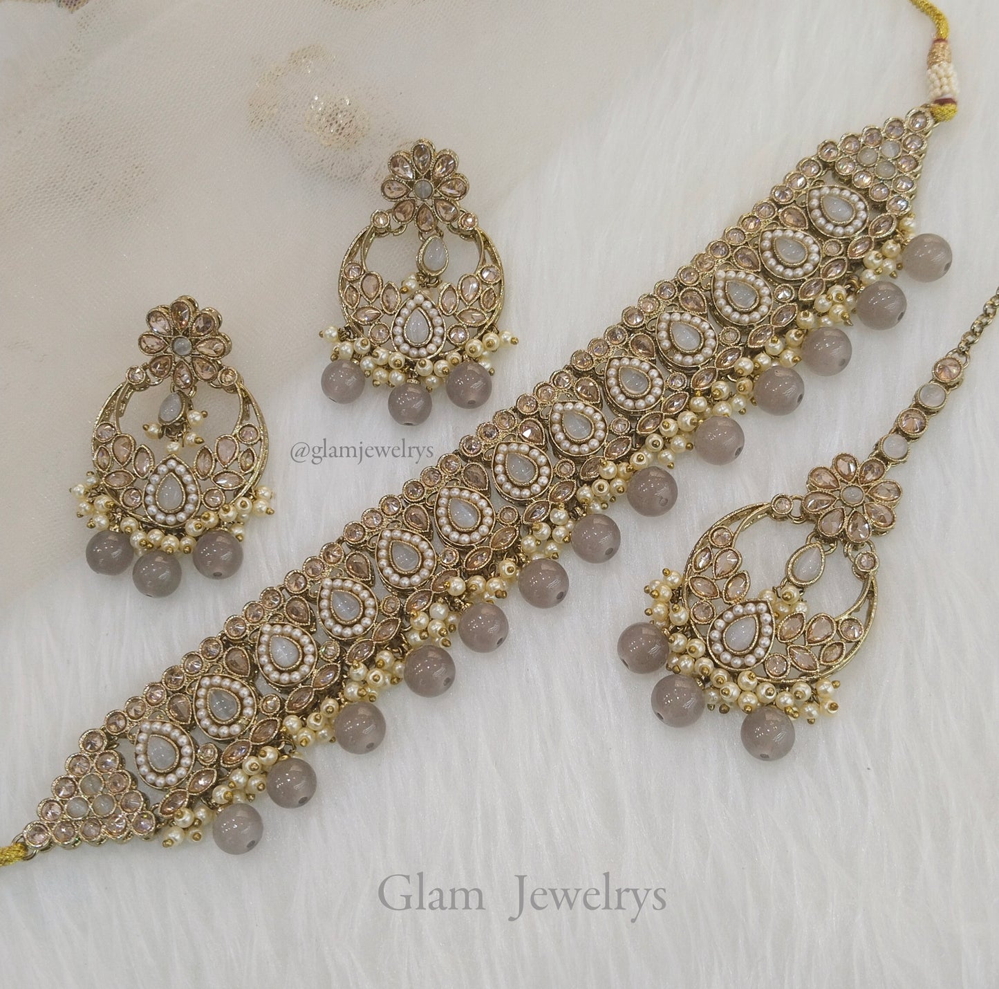 Jewelry Choker Set /Antique gold finish Jewellery set /grey choker  set/waterloo jewelry set