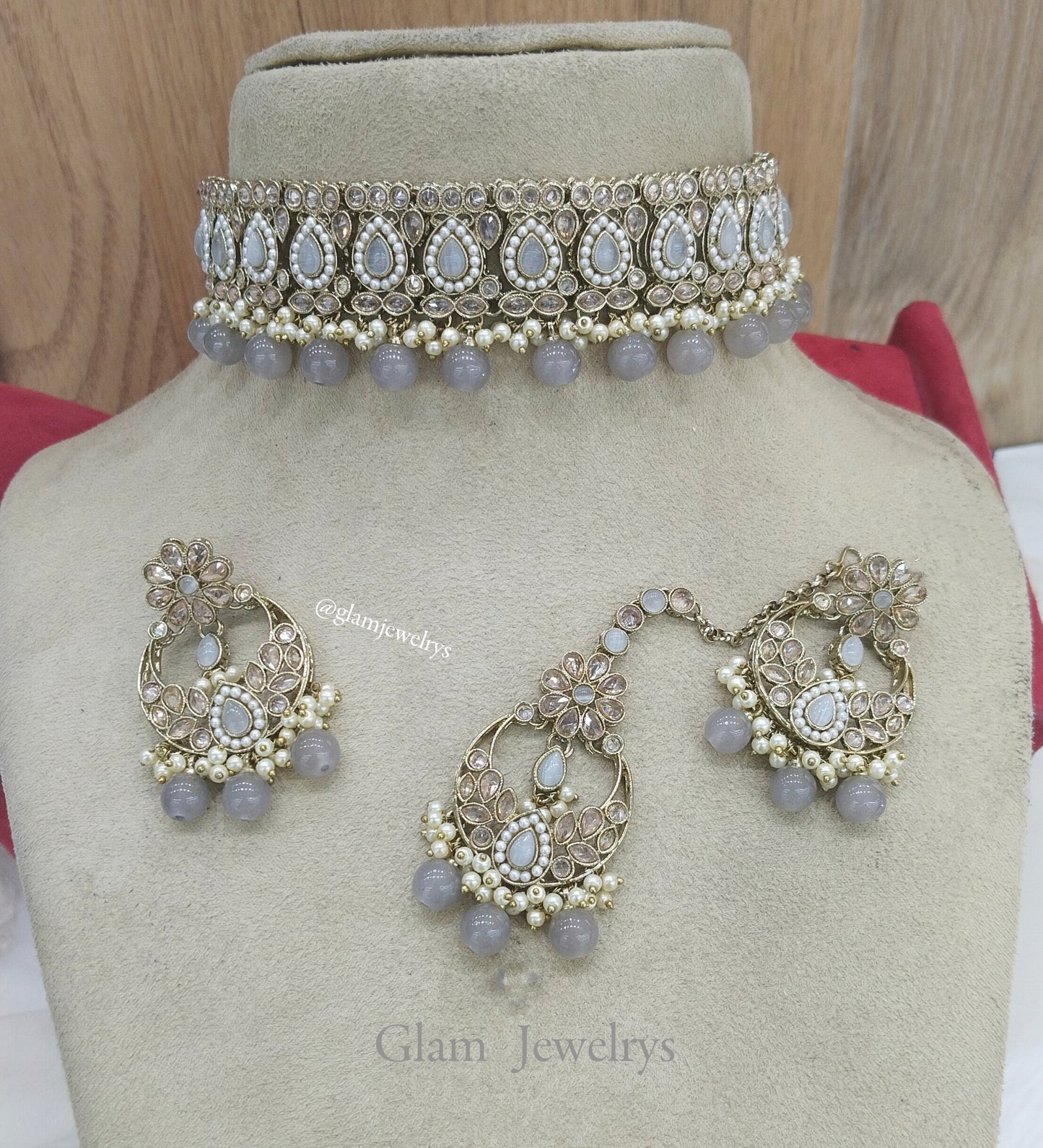 Jewelry Choker Set /Antique gold finish Jewellery set /grey choker  set/waterloo jewelry set