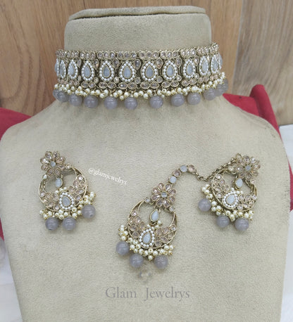 Jewelry Choker Set /Antique gold finish Jewellery set /grey choker  set/waterloo jewelry set