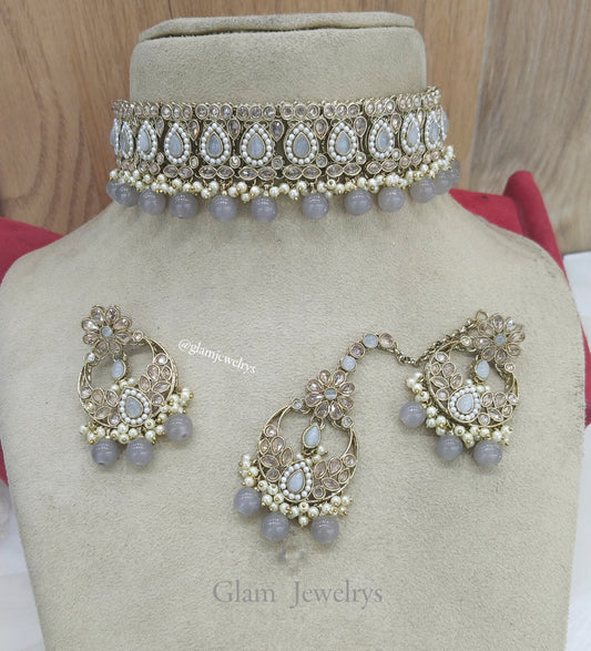 Jewelry Choker Set /Antique gold finish Jewellery set /grey choker  set/waterloo jewelry set